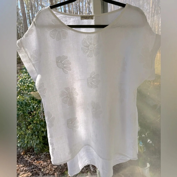 Terzo Millennio L 100% Linen with embroidered white flowers tunic. Boho sheer. - Picture 1 of 7